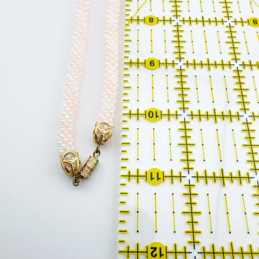 Vintage Pink White‎ Beaded Rope Necklace Gold Tone Filigree Clasp Handmade